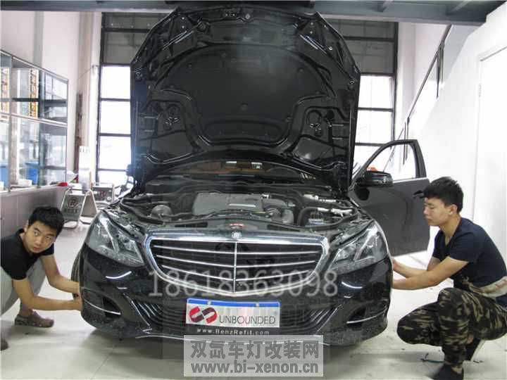 北京奔驰E260L改盲点辅助 智能随动双透镜全LED大灯专业改灯